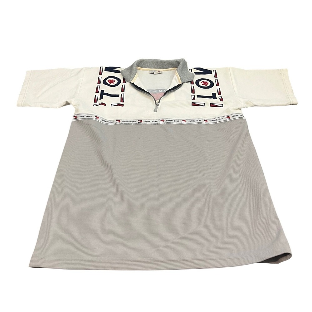 Tommy Hilfiger Quarter Zip Polo Shirt Mens M White Gray Tommy Gear Vintage 90s